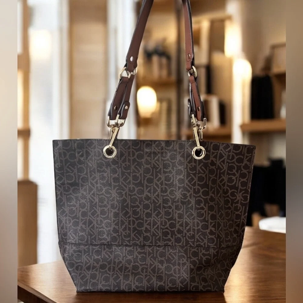 Calvin Klein Monogram Dark Brown Tote with Gold Hardware/Suede Lining